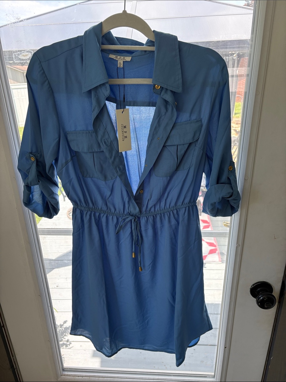 Women's Blue Shirt Dress with Drawstring Waist